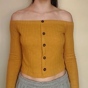 Forever 21 Mustard Yellow off-the-shoulder long sleeved ribbed crop top